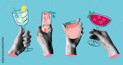 Group people drink summer cocktails. Halftone hands holding alcoholic and non-alcoholic drinks. People celebrate event together. Modern collage. Newspaper elements.