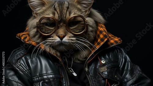 A cat wearing a leather jacket and glasses