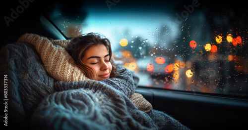 Young girl sleeping comfortably inside the car during the rain