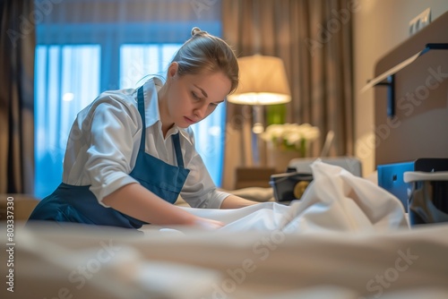 Housekeeper Arranging Bed in Hotel Room