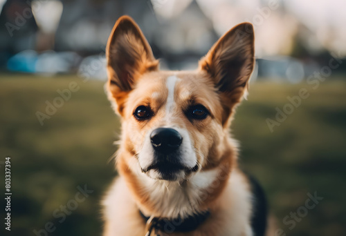 Close-up portrait of a Corgi dog with large ears and a focused expression  set against a blurred background of a residential area. International Dog Day.