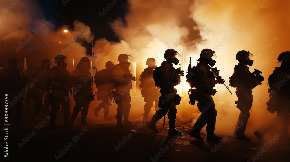 Fototapeta premium Special police forces or army on the street, everything is on fire, anti-riot operation