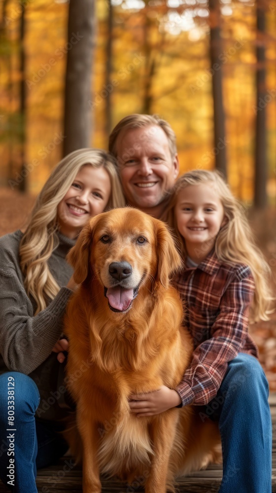 Family of three with a golden retriever in the woods