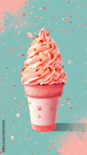 A pink ice cream cone in a cup with sprinkles isolated on a cyan background. Generative AI.