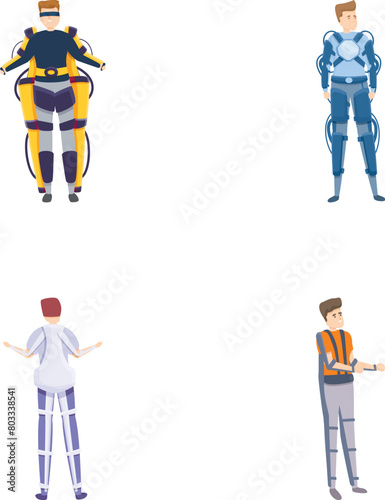Man exoskeleton icons set cartoon vector. Man in robotic exoskeleton costume. Future technology