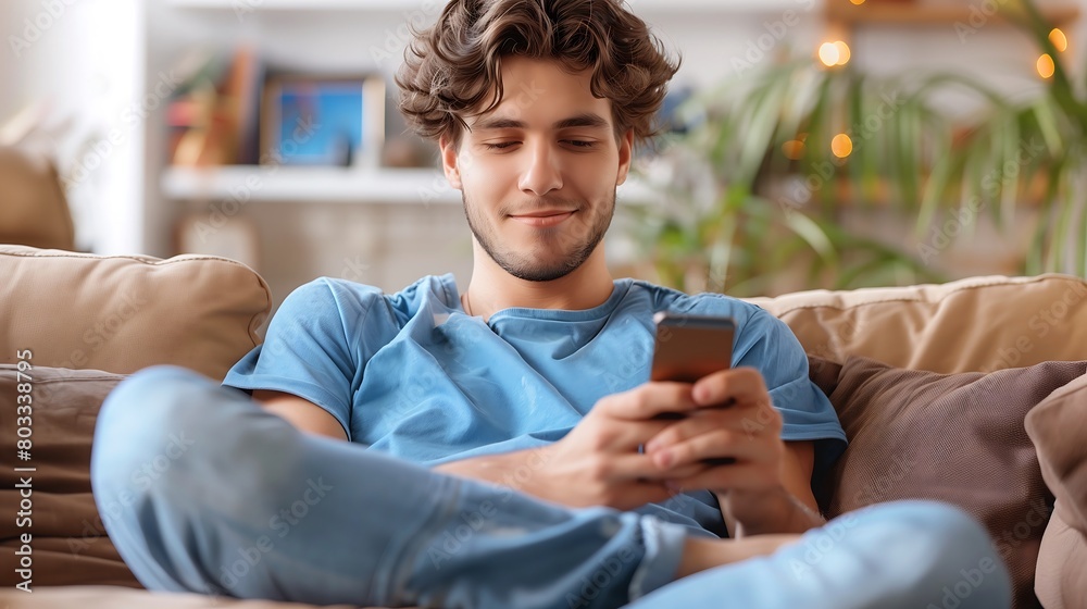 Young Man Using Smartphone at Home Young Man Using Smartphone at Home