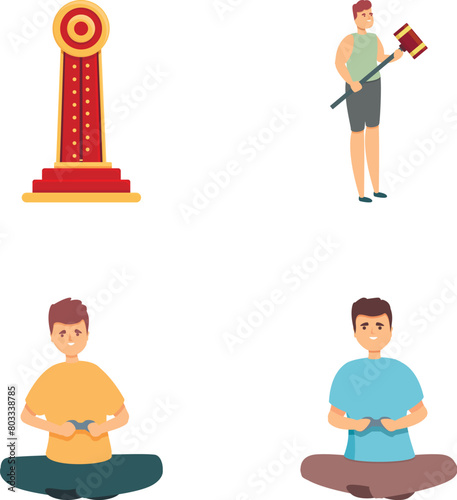 Game stock icons set cartoon vector. Man playing computer game. Entertainment, pastime