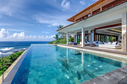 Oceanfront holiday villa with a sophisticated multi-tier terrace and infinity pool, offering luxurious relaxation and entertainment options.