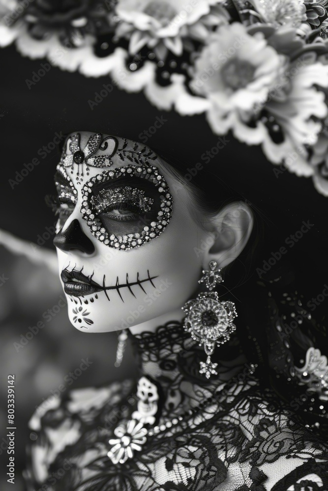 A young woman wearing a traditional Mexican sugar skull mask for the Day of the Dead celebration