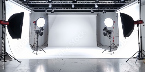 An empty photo studio with white background and professional lighting equipment