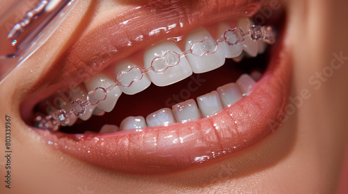 Close-up of a person's smile showing clear orthodontic braces on healthy white teeth. photo