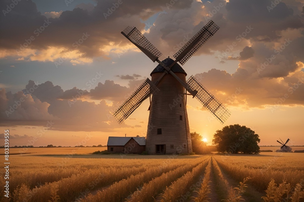AI generated illustration of a windmill stands in a field under a cloudy sky at sunsetsunset