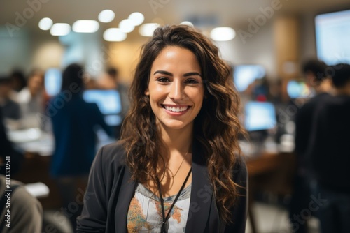 Portrait of a young woman smiling in a library