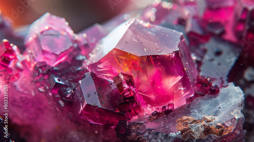 Close-up of vibrant pink crystals with a luminous core and sharp edges, set against a blurred background. Rhodochrosite ore photo