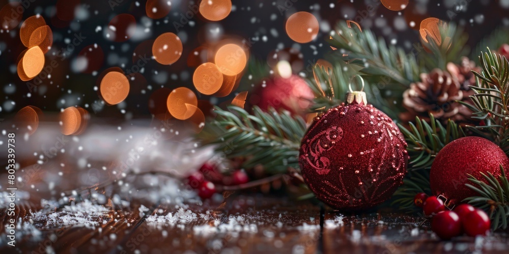 Red Christmas ornaments on a wooden table with a snowy background