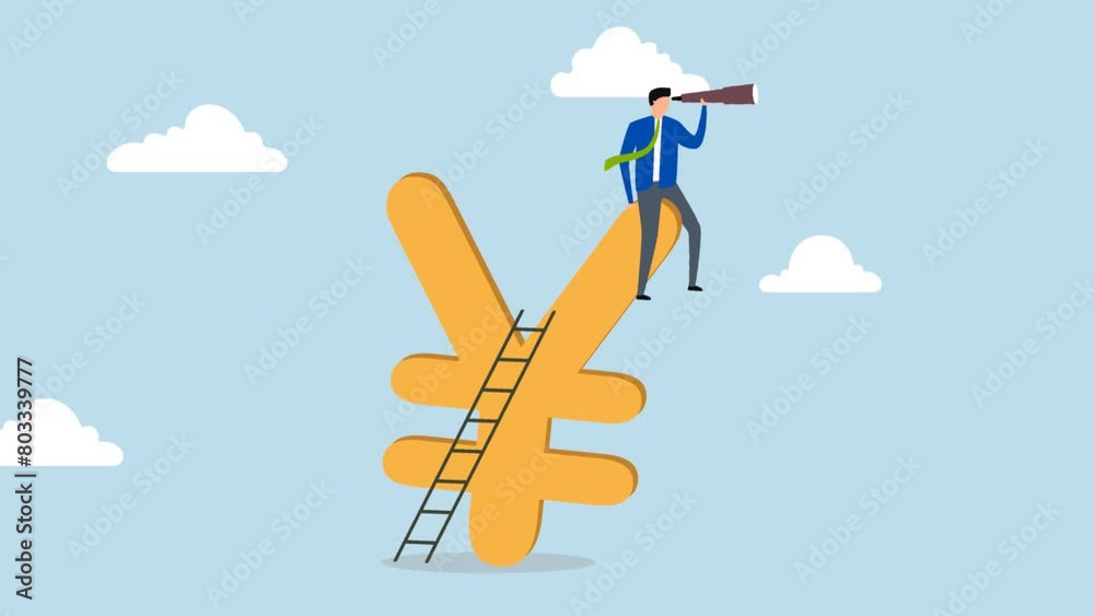 Japan economic vision and forecast, 4k animation of businessman climbing ladder using Japanese yen sign with telescope to see vision of the future Japan economic vision and forecast, 4k animation of businessman climbing ladder using Japanese yen sign with telescope to see vision of the future