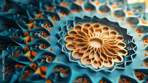 Blue and orange 3D illustration of a flower mandala photo