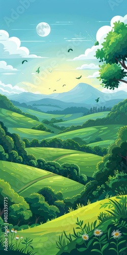 Green rolling hills landscape illustration