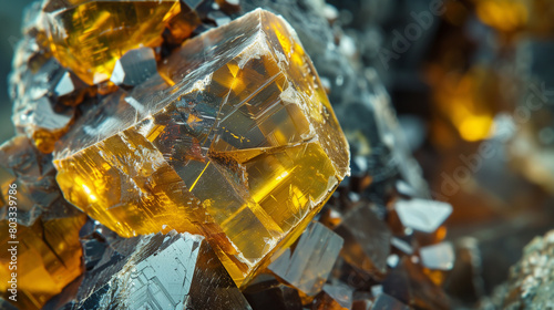 Close-up of a large, translucent golden crystal with sharp edges and reflective surfaces, surrounded by smaller dark crystals. topaze ore