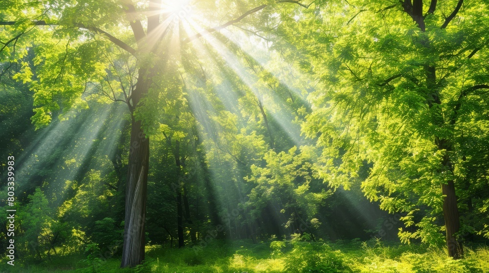 Fototapeta premium Sun shining through the trees in a lush green forest