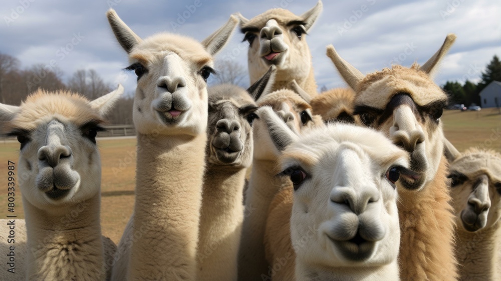 Naklejka premium A group of curious llamas looking at the camera