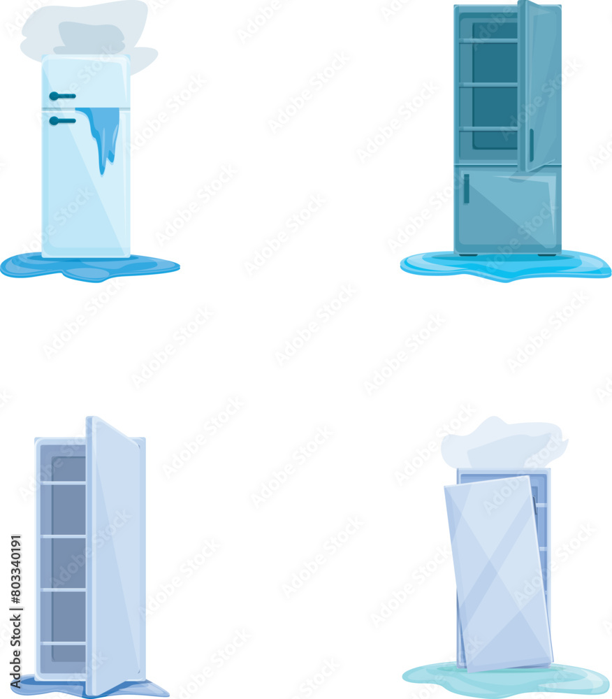Broken refrigerator icons set cartoon vector. Damaged fridge with water flowing. Home appliance, repair service Broken refrigerator icons set cartoon vector. Damaged fridge with water flowing. Home appliance, repair service