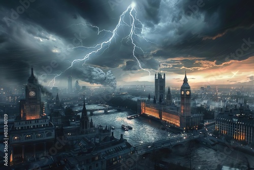 apocalyptic cityscape of london with dramatic lightning storm digital art