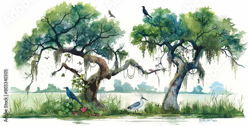 A whimsical watercolor illustration of an Australian swamp, featuring two tall trees with green leaves and purple flowers hanging from their branches. 