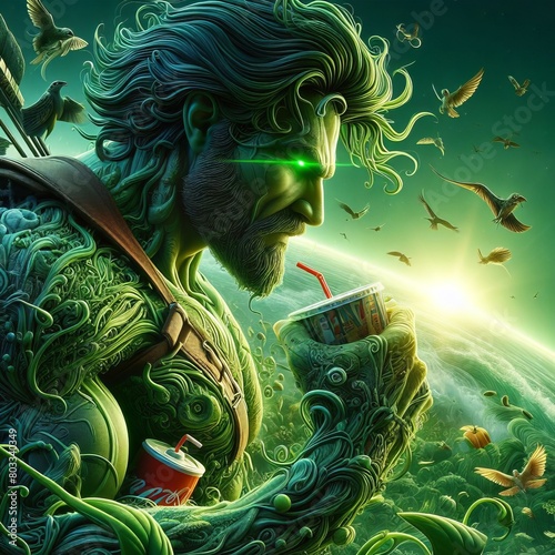 Majestic mythical warrior in green armor, commanding birds under a sunrise, a detailed fantasy illustration