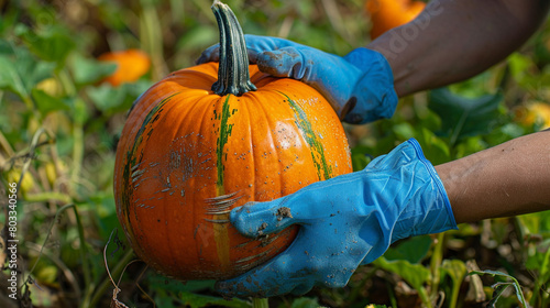 Farmer with blue glove picking fresh pumpkin in harvest time.