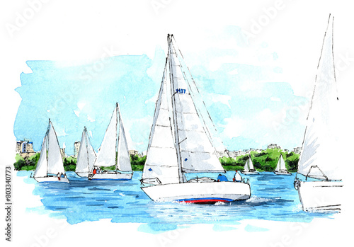 yachts in the river hand drawn watercolor sketch