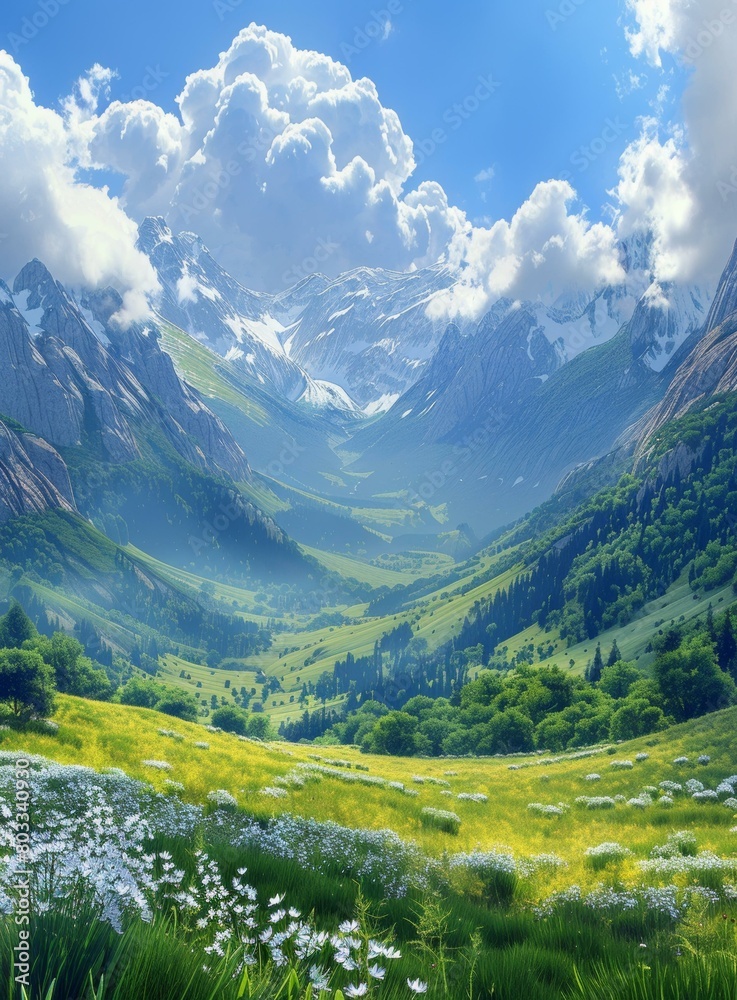 Fototapeta premium A verdant valley between snow-capped mountains