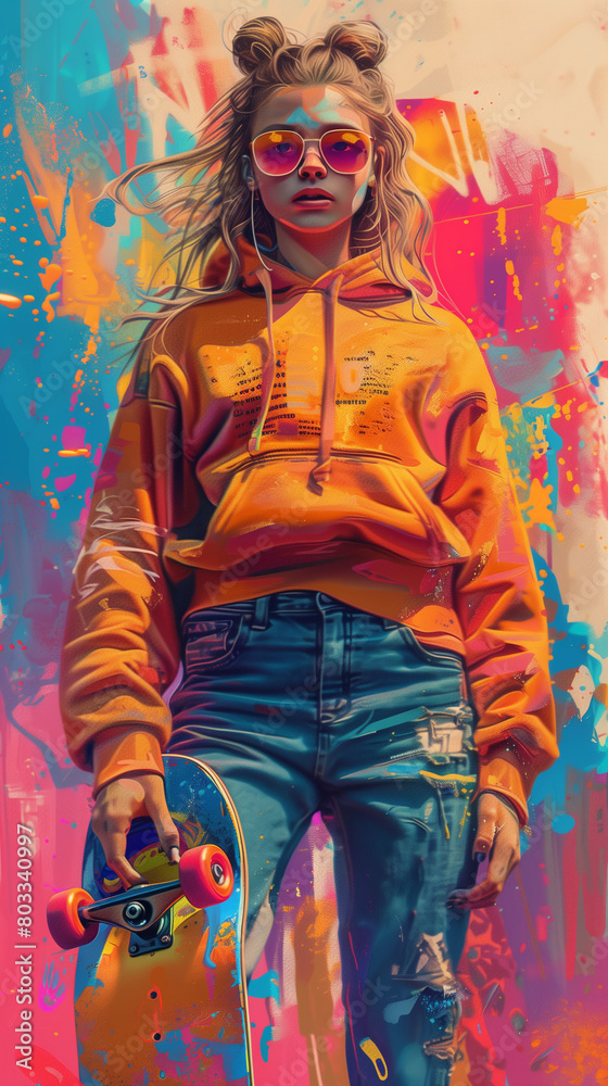 Fototapeta premium Illustration of a teenage girl with a skateboard, 