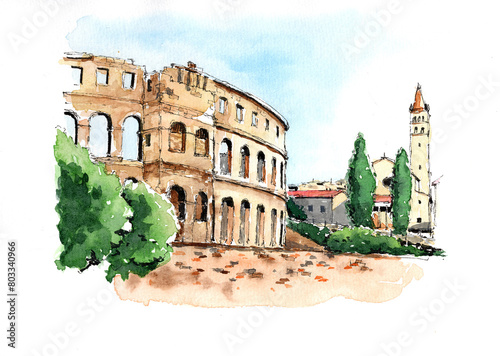 Foto Pula coliseum hand drawn ink and watercolor sketch