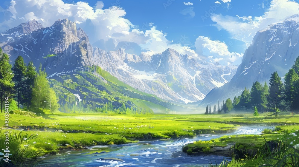 Artful painting style illustration of pure nature scenery, depicting a lush green pasture with a flowing river and towering mountains in the background