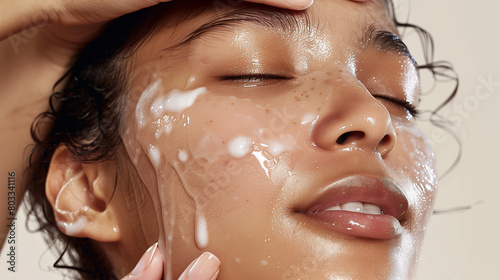 Close-up of a woman with water splashing on her face, highlighting skincare and freshness.