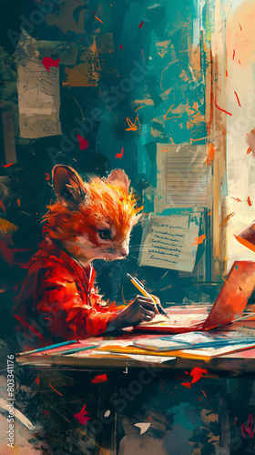 illustration about poetry, poems, a cute animal is writing, vivid, bright colors, modern illustration,