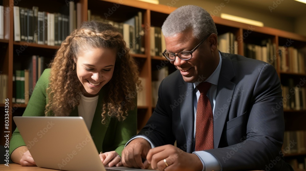 An elderly black man and a young woman smile at each other while looking at a laptop.