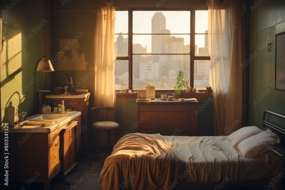 Fototapeta premium A bedroom with a bed, a sink, and a window