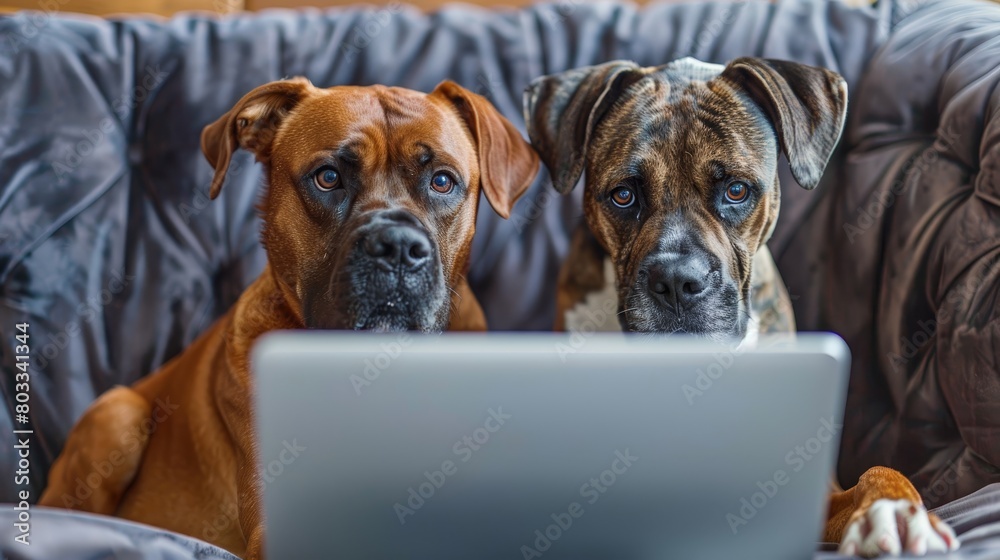 Obraz premium Close-up photo of a Labradoodle and Boxer sitting together, focusing attentively on a laptop screen during an online meeting