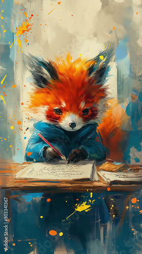 illustration about poetry, poems, a cute animal is writing, vivid, bright colors, modern illustration,