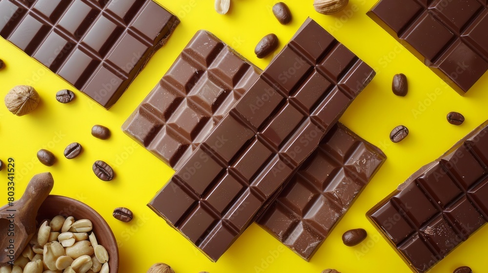 Cook homemade chocolate with bars, nuts, coffee beans on colored background top view mock up Cook homemade chocolate with bars, nuts, coffee beans on colored background top view mock up