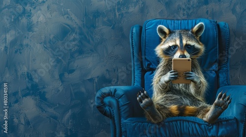 An imaginative illustration of an anthropomorphic raccoon lounging on a blue sofa, engrossed in using a cellphone, with ample copy space for text photo