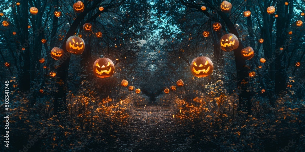 Halloween pumpkin archway in a spooky forest Halloween pumpkin archway in a spooky forest