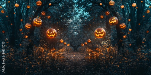 Halloween pumpkin archway in a spooky forest