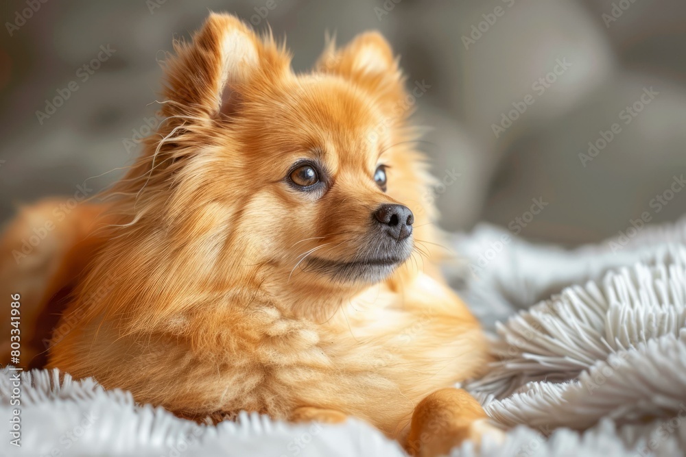 Portrait of a Beautiful Pomeranian Dog Relaxing on a Soft Blanket Portrait of a Beautiful Pomeranian Dog Relaxing on a Soft Blanket