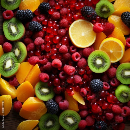 A variety of fruits including raspberries  blackberries  lemons  peaches and kiwi