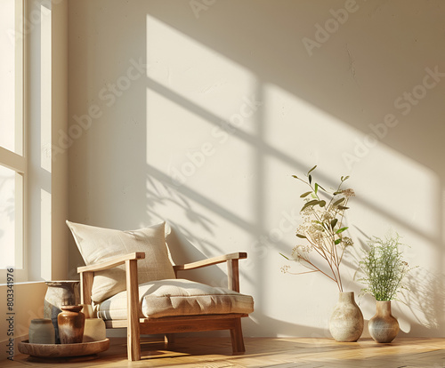 An wooden armchair with beige cushions, placed on the floor in front of an empty wall, next to it is a small round table and two vases filled with plants, creating a warm atmosphere
