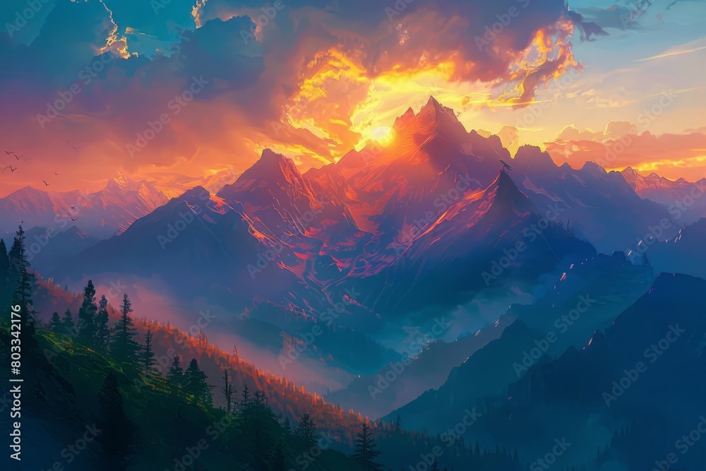 breathtaking sunset in majestic mountains digital landscape painting