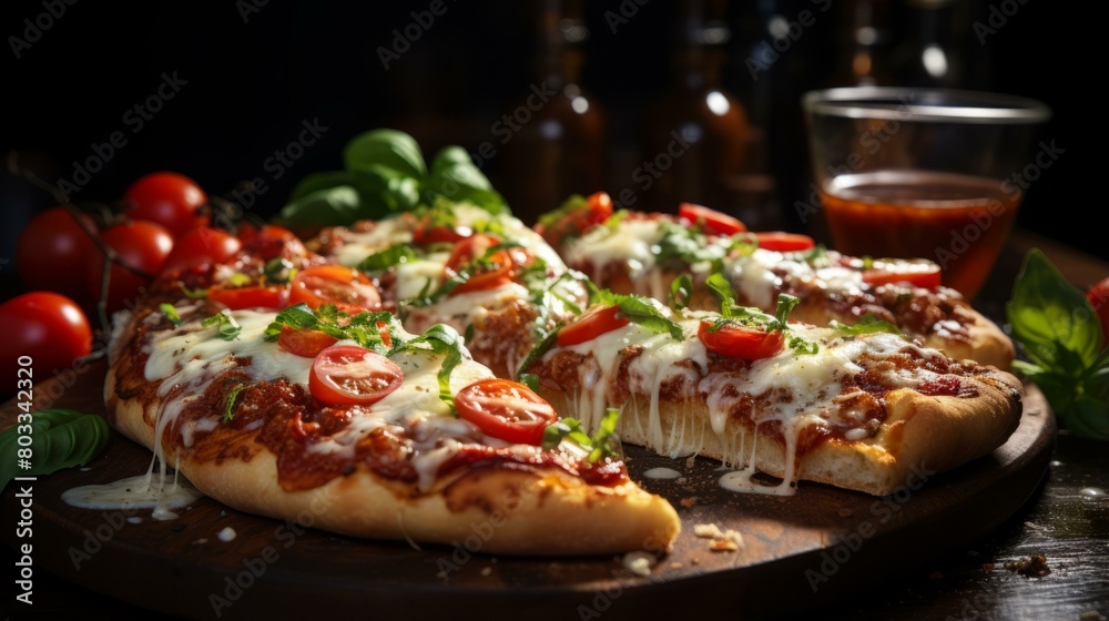 A delicious pizza with melted cheese, cherry tomatoes and basil.
